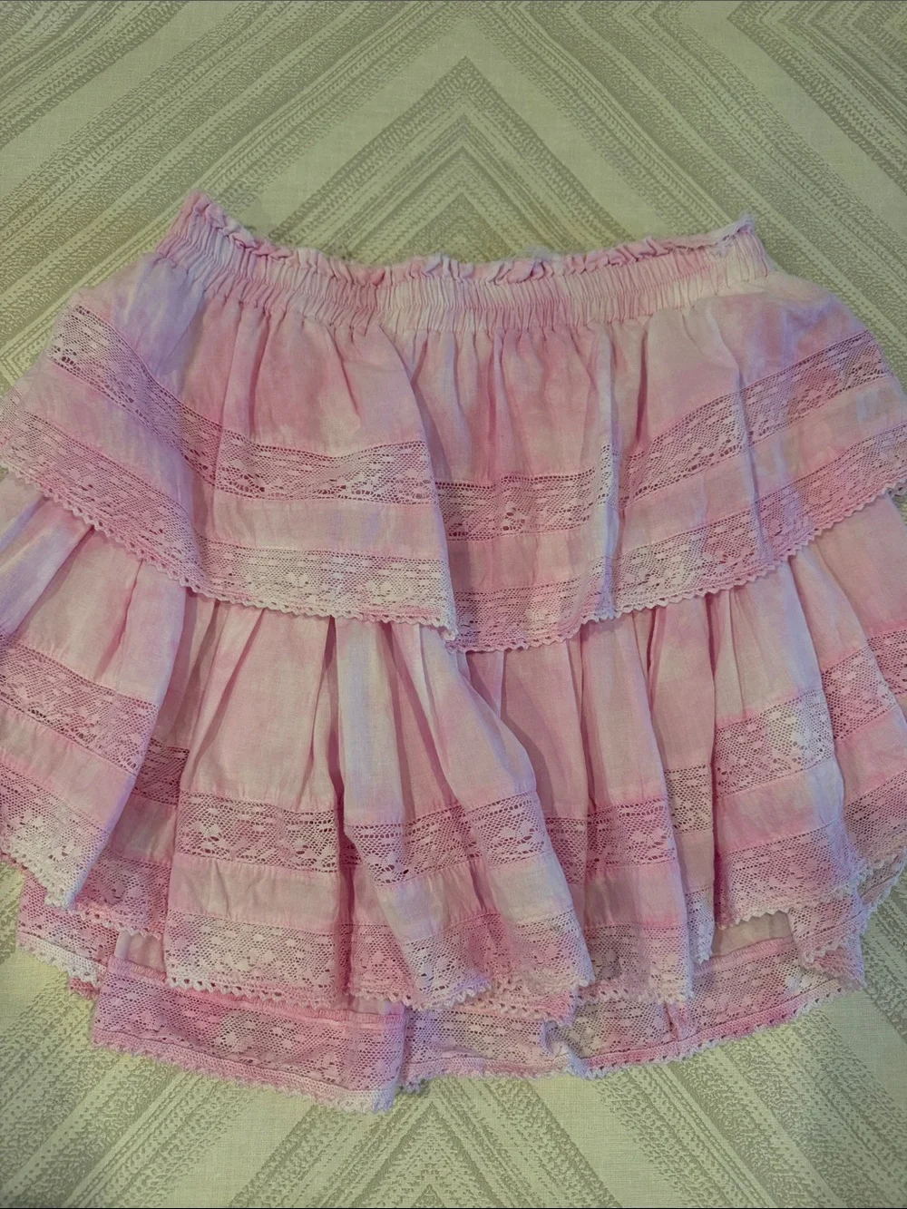 LoveShackFancy Pink White Tie Dye Lace Tiered Mini Skirt Size Medium